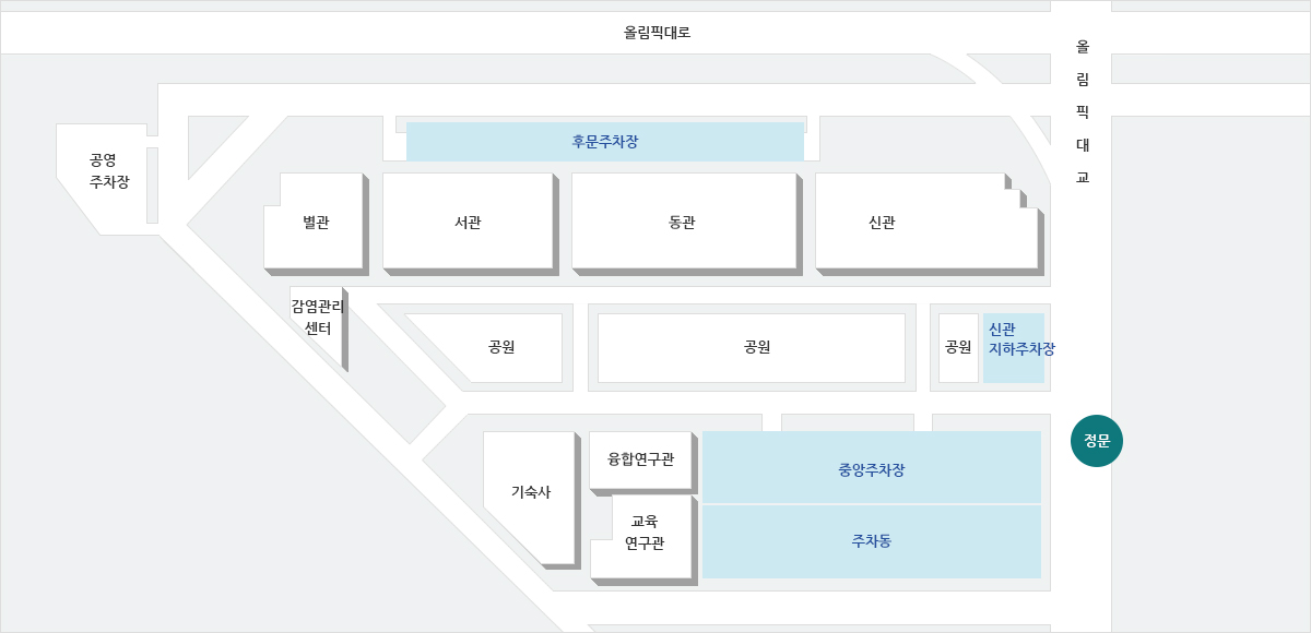 주차안내 : 정문 좌측은 중앙 주차장, 우측은 순서대로 신관 지하주차장, 후문 주차장, 공영 주차장이 있습니다.